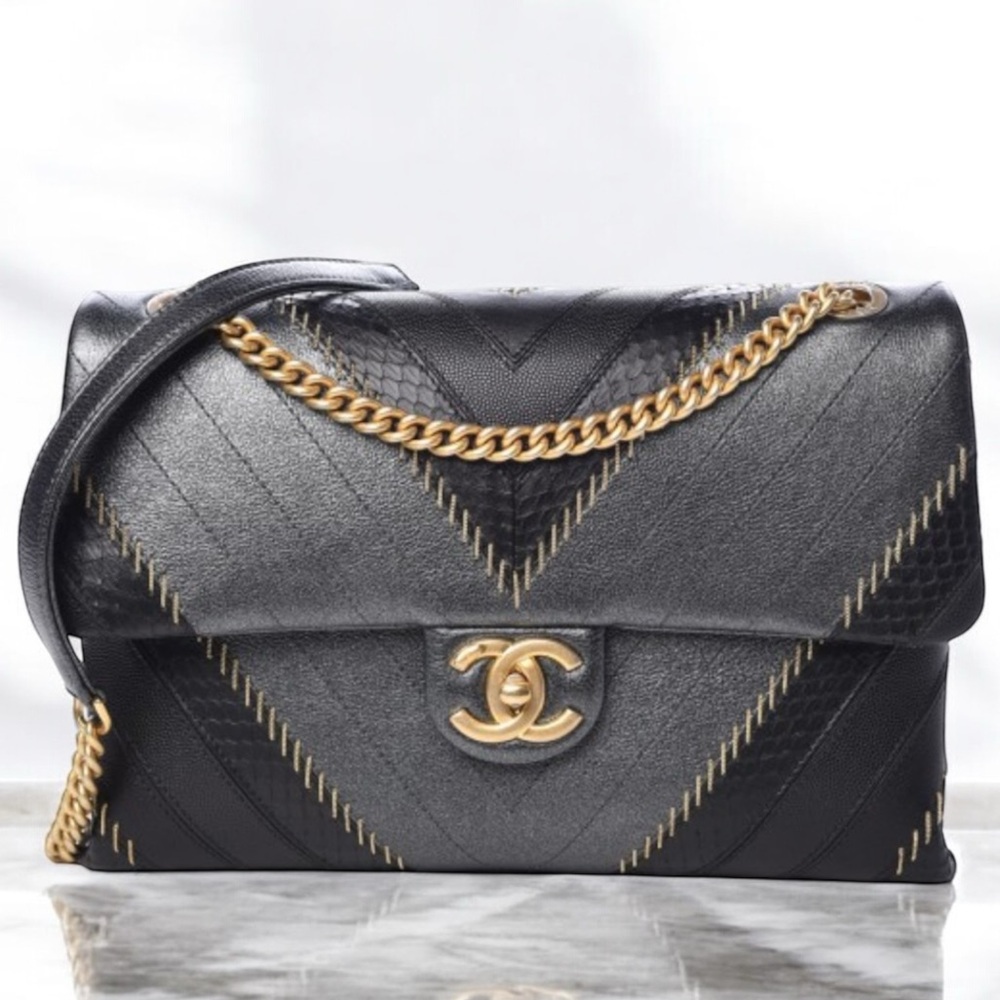 Chanel Iridescent Python Chevron Medium Flap Calfskin Bag
